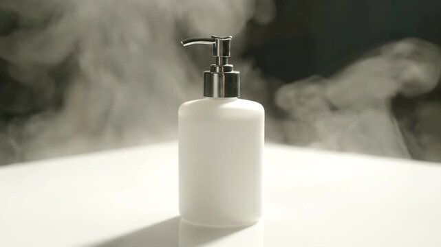 White soap dispenser on a table with steam in the background