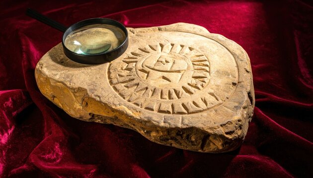 Ancient clay cuneiform tablet inscribed with wedge-shaped symbols, examined with a magnifying glass.