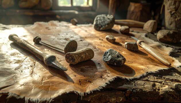 Ancient Stone Tools for Leather Working and Tanning Arranged on a Rough Hide Surface in a Rustic Workshop