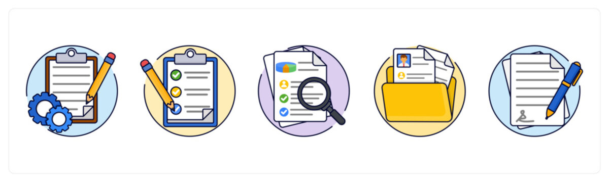 A set of 5 icons as task management, checklist, search document