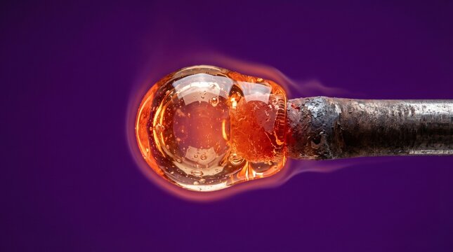 Glowing molten glass on steel blowpipe tip