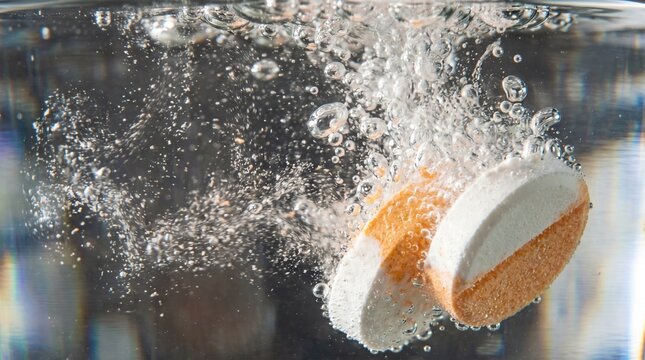 Macro shot of pill dissolving in water