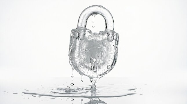Melting transparent ice padlock on white background