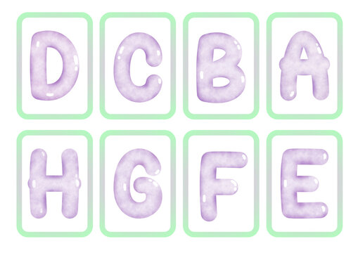 Purple alphabet letters in green boxes isolated on white background