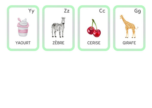Alphabet cards with animal and food illustrations