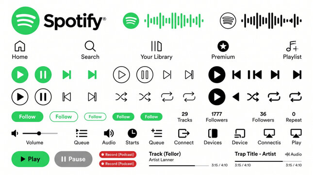 Spotify music streaming app icon set, social media user interface UI elements collection, play pause skip shuffle repeat buttons, podcast recording symbols, audio volume and queue icons, player bar
