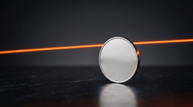 Minimalist silver coin with glowing laser line