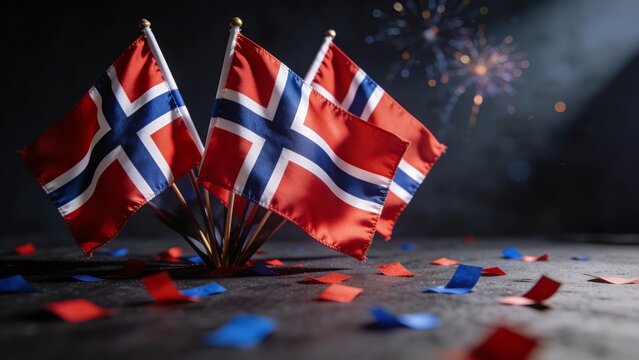 Celebratory Atmospheric Norway National Day Flags with Fireworks Event Decoration