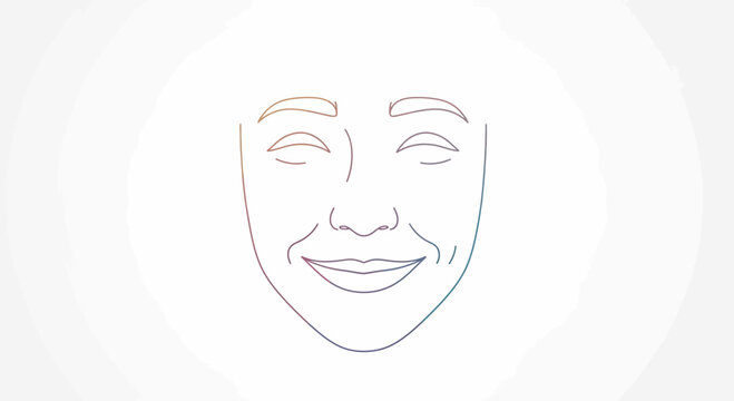 Happy Face Outline Drawing with Dimples and Closed Eyes, Joyful Expression