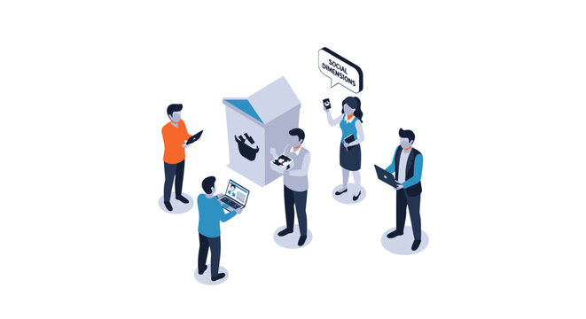 Isometric Illustration of People Interacting with a Box and Speech Bubble.