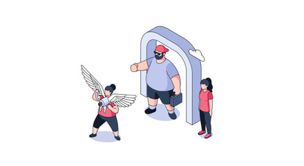 Obraz premium Isometric illustration of people interacting with a portal and angel.