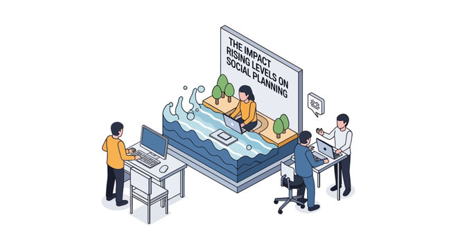 Isometric Illustration of Rising Sea Levels Impacting Social Planning.