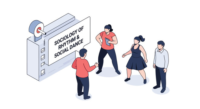 Isometric illustration of people and sociology of rhythm and social dance.
