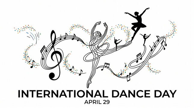 Illustration celebrating International Dance Day on April 29, featuring abstract dancers, musical notes, and a treble clef on a white background.