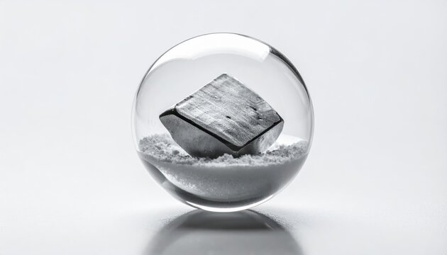 A small cube of reactive sodium metal safely suspended in clear inert fluid inside a sealed glass container