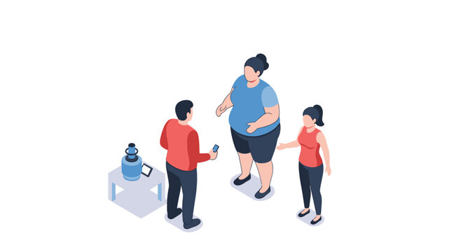 Isometric illustration of three people interacting near a water cooler.