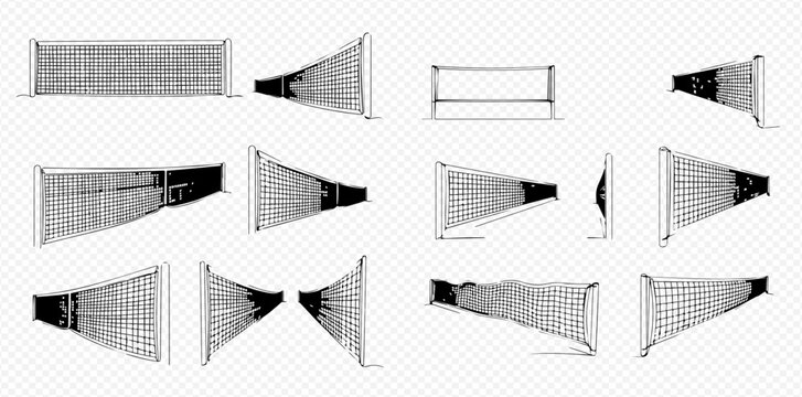 Set of realistic tennis net and badminton net in various perspectives, isolated on transparent background.