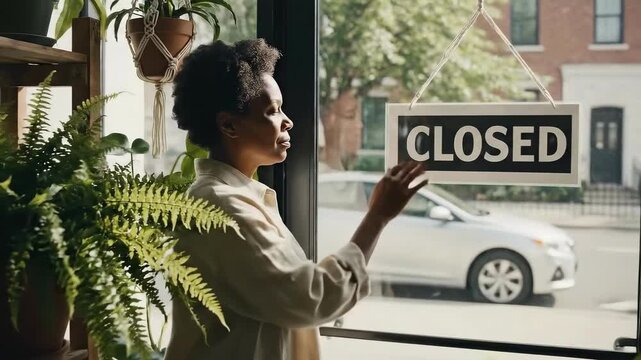 Plant Shop Closed: Woman Looking at Closed Sign in Storefront