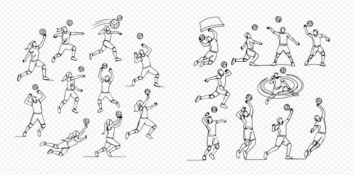 Dodgeball Players in Various Action Poses During a Game, Continuous Line Art Style.