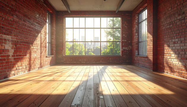 Empty Loft Space with Exposed Brick Walls and Large Windows.