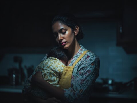South Asian mother with postpartum anxiety holding baby in dark kitchen at 4am
