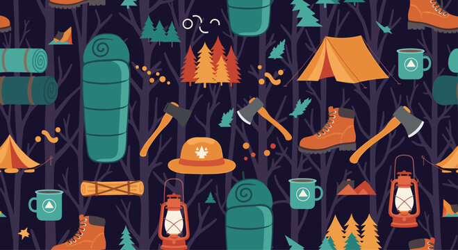 Seamless pattern of outdoor camping equipment including tents axes sleeping bags and lanterns among pine trees in a dark night forest.