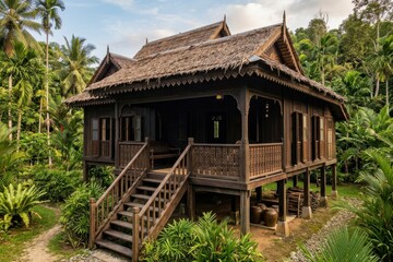 Fototapeta premium Traditional Wooden House in Tropical Landscape with Lush Greenery and Rustic Architecture