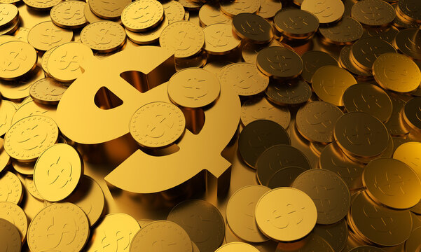 Piles of gold coins and currency symbols for wealth investment dollar