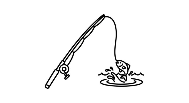 Fishing rod with a fish jumping out of water, line pulled taut, cartoon style