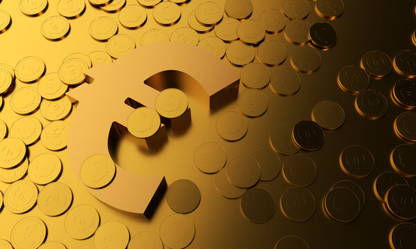 Piles of gold coins and currency symbols for wealth investment euro