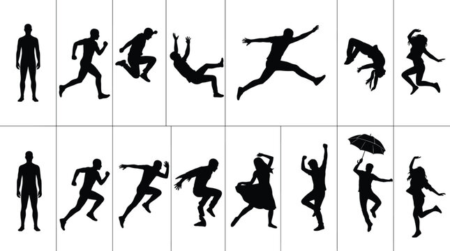 Large collection of black human silhouettes featuring running, jumping, falling, dancing, and parkour action poses isolated on a white background, vector.