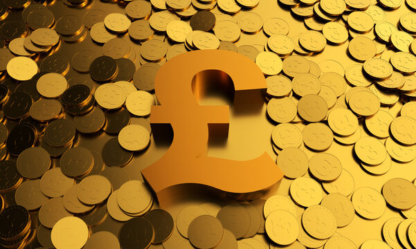 Piles of gold coins and currency symbols for wealth investment pound