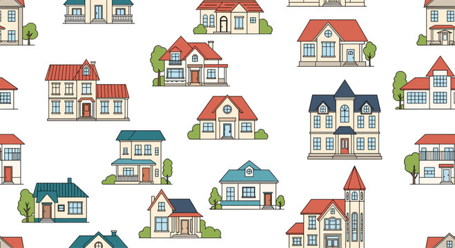 Seamless pattern of various colorful residential suburban houses and family homes with different architectural styles and designs.