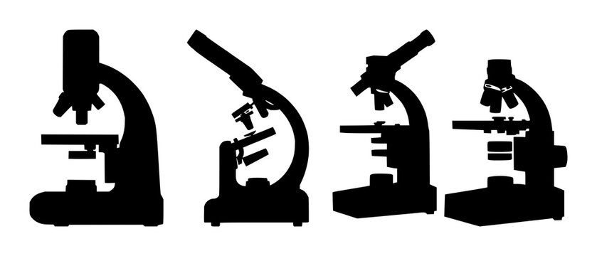 Laboratory clinical microscope set with solid black icon on white background featuring microscope, laboratory, healthcare with minimalism and illustration