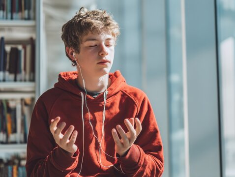 Teen with autism focusing and stimming using a fidget toy in a bright library setting
