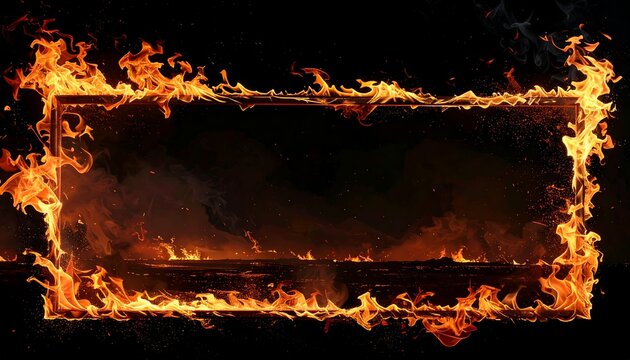A fiery rectangular frame with flames on a black background