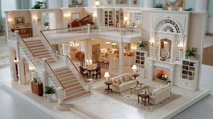 Naklejka premium Miniature house dollhouse interior design living room staircase luxury model Miniature dollhouse interior design living room