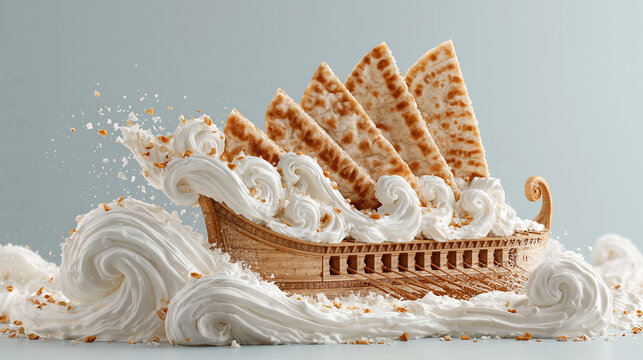 Ancient greek trireme ship pita bread sail sea wave whipped cream wooden boat creamy waves with pita sail, fantasy food concept