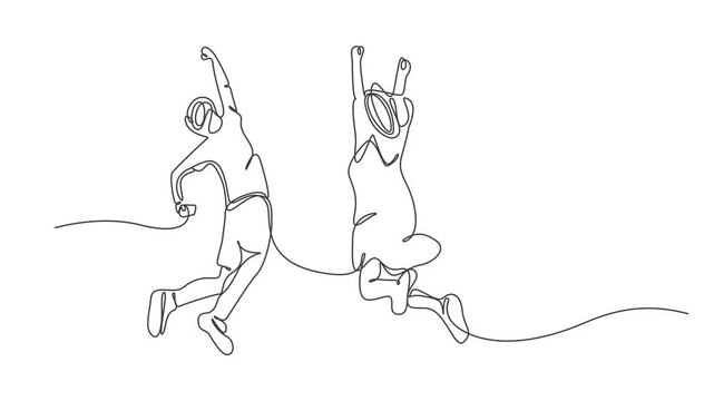 Happy people jumping continuous single line art drawing vector illustration animation,