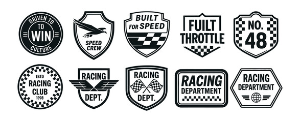vintage racing badge vector set with motorsport emblems, helmets, wings and checkered flags, perfect for apparel, stickers, branding and print design. © ABUBOKKORsiddik