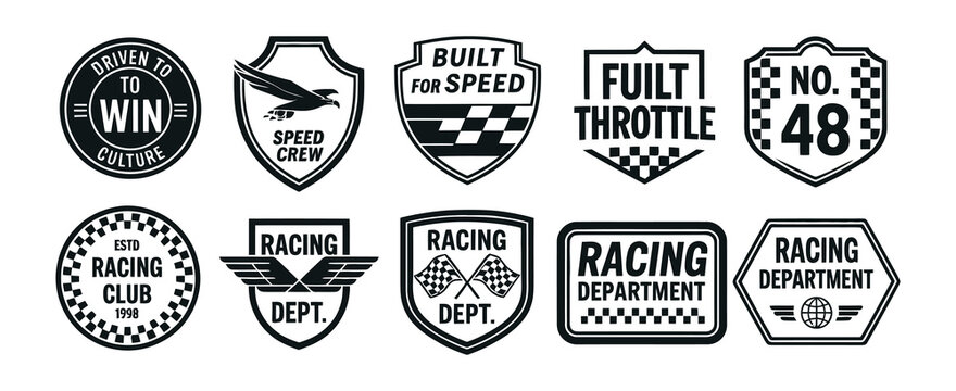 vintage racing badge vector set with motorsport emblems, helmets, wings and checkered flags, perfect for apparel, stickers, branding and print design.