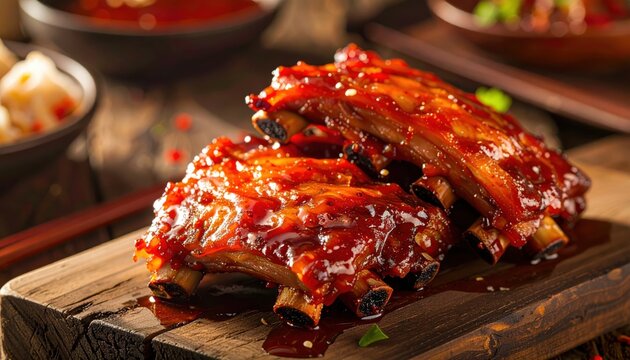 Glistening Sweet and Sour Pork Ribs, a Delicious Appetizer Served Glazed on a Rustic Wooden Board with Chopsticks and Garnish