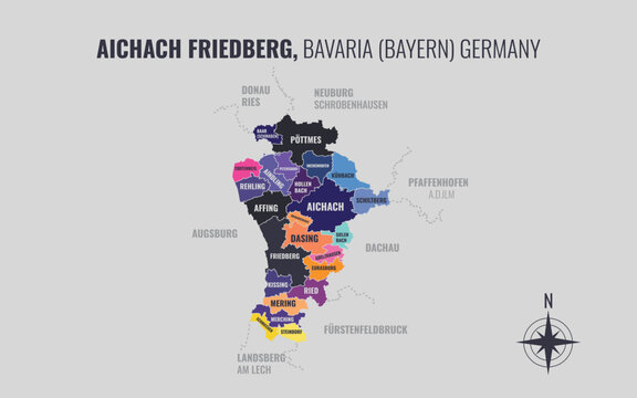 A map showing Aichach Friedberg BY Kreise into Gemeinden in a minimalist colorful style