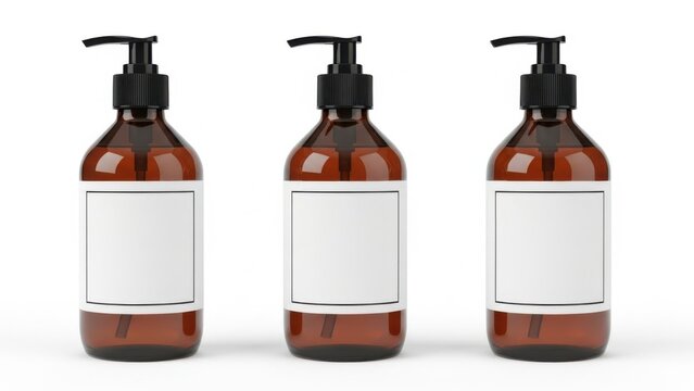 Three amber bottles with black pumps