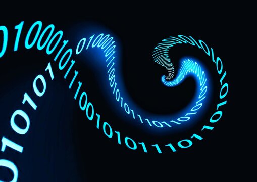 黒背景に青く輝くバイナリコードの波形データフロー　デジタル通信・AI・サイバー空間イメージ