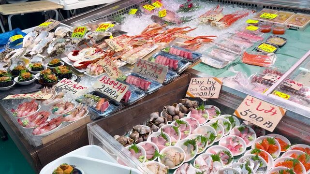Fresh Seafood and Sashimi Display at Tsukiji Outer Market in Tokyo