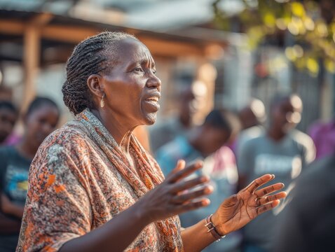 Engaged middle-aged Kenyan woman leading youth climate workshop in outdoor community space