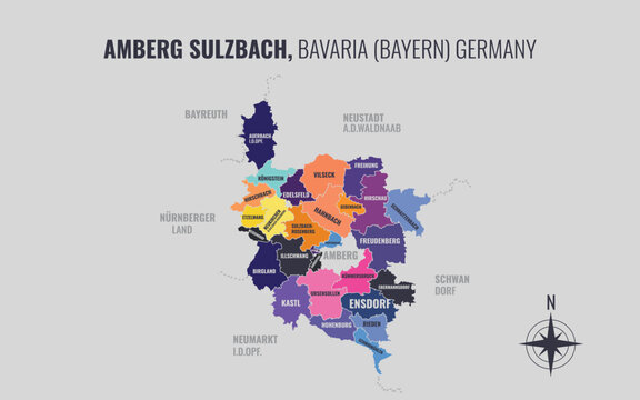 A map showing Amberg Sulzbach BY Kreise into Gemeinden in a minimalist colorful style