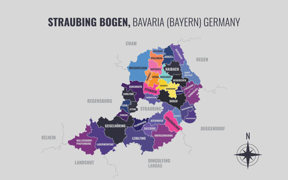 A map showing Straubing Bogen BY Kreise into Gemeinden in a minimalist colorful style