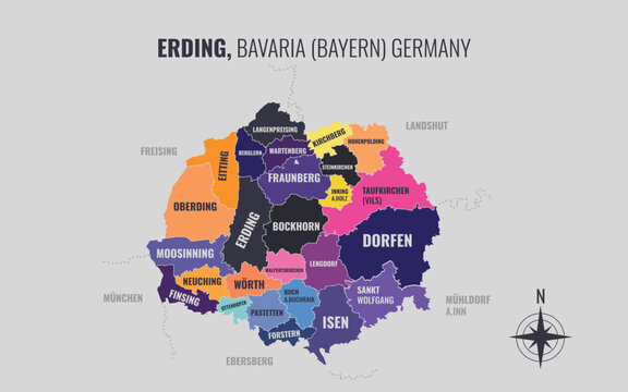 A map showing Erding BY Kreise into Gemeinden in a minimalist colorful style